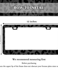 Dimensions of Printed Aluminum Alloy License Plate Frames Set With Valve Caps 2 Pack with black leopard print detail.