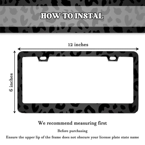 Dimensions of Printed Aluminum Alloy License Plate Frames Set With Valve Caps 2 Pack with black leopard print detail.