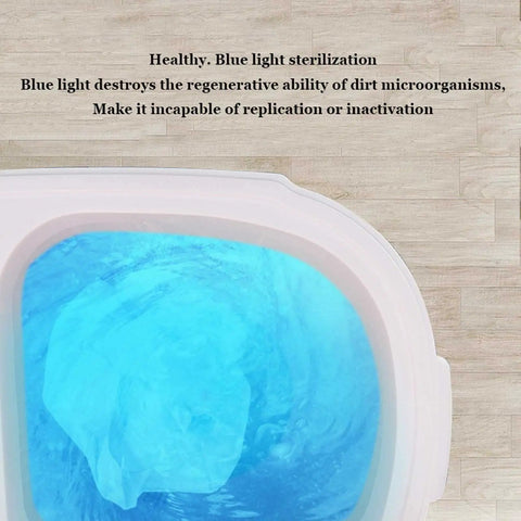 Inside view of No Sweat Portable Washing Machine 3.6 Kg Double Barrel Automatic Laundry Cleaner showing blue light sterilization.