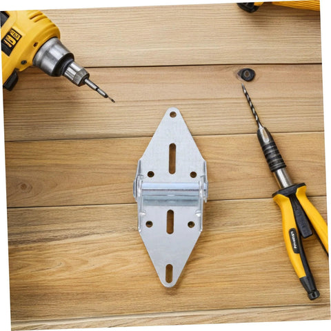 Garage door hinge with roller and mounting plate; metal finish on wood surface with drill and screwdriver nearby