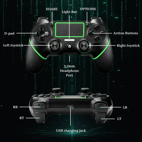 Front and top view of Wireless PS4 Controller For PS4 Slim Pro And Windows PC With Touchpad Vibration Built In Speaker Black Green
