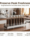 Hype Building Daily Grind Storage Kit With Airtight Single Dose Espresso Canisters One Way Valve Smart Organizer Stand And Quick Fill Funnel To Keep Your Beans Fresh As A Daisy Everywhere with clear airtight tubes of coffee beans.
