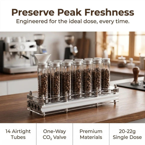 Hype Building Daily Grind Storage Kit With Airtight Single Dose Espresso Canisters One Way Valve Smart Organizer Stand And Quick Fill Funnel To Keep Your Beans Fresh As A Daisy Everywhere with clear airtight tubes of coffee beans.