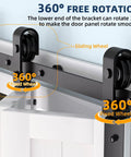 Close-up of Heavy Duty Bi Fold Barn Door Hardware Kit for Double Doors 3 Foot Track System with steel rollers and brackets