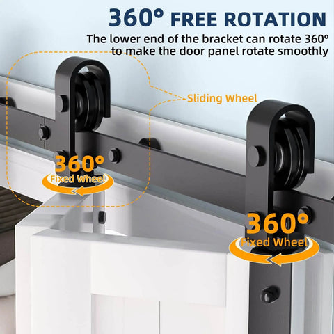 Close-up of Heavy Duty Bi Fold Barn Door Hardware Kit for Double Doors 3 Foot Track System with steel rollers and brackets