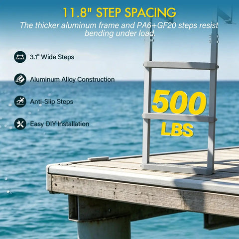 Heavy Duty Aluminum Dock Ladder Beefy Build With 500 Pound Capacity, Four Step, Non Slip Wide Steps For Wet Surfaces, Removable Design, Sturdy Frame That Will Not Wobble, Easy Setup For Boats, Docks, Or Piers. 500 lb aluminum dock ladder on pier