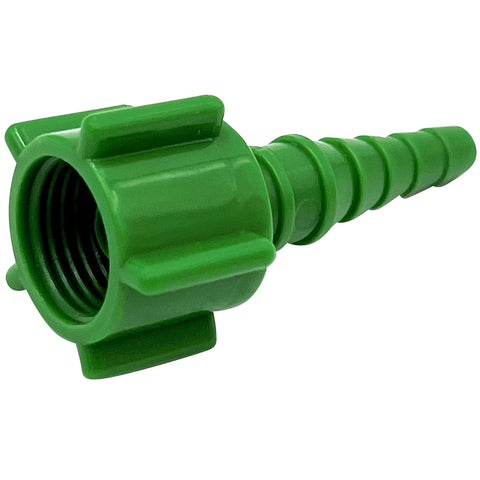 Green plastic oxygen tubing swivel nipple connector with barbed end and threaded female end