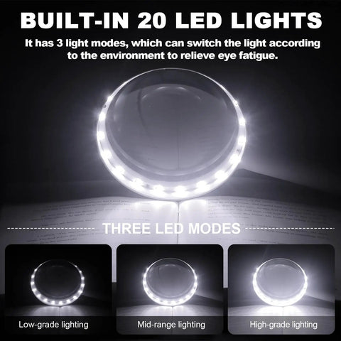Magnifier demonstrating 3 light modes with 20 LEDs for 30X Rechargeable Magnifier With Light, 4.33 Inch Large Handheld LED Magnifying Glass
