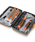 Open storage case showing 68 In 1 Ratcheting Screwdriver Set With Magnetic Bits Rotatable Ratchet Handles Extension Bar And Sockets
