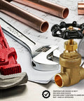 Heavy Duty 1/2 Inch Gate Valve With Sweat Connection In Cast Brass Lead Free Dezincification Resistant Corrosion Resistant Wheel Handle Non Rising Stem NSF ANSI 61 372 Compliant Solder Ends Five Pack shown with tools and pipes