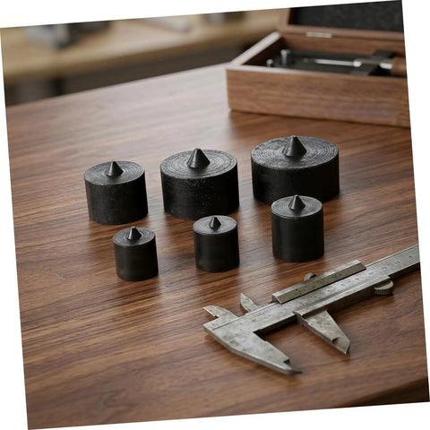 Outanaya 6pcs Heavy Duty Conical Shaft Protector Caps For Grip-O-Matic Pullers Machine Spindle Axle Guard Replacement Metal End Tips on wooden surface.