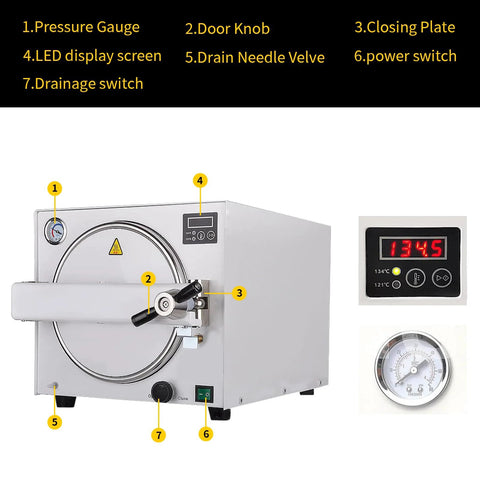 Front view of an 18L stainless steel lab autoclave with circular front door, digital display, and pressure gauge.