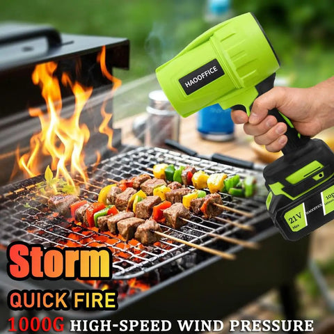 Person using Powerful Cordless Leaf Blower With 21V Battery And Charger to ignite grill with kebabs cooking
