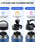 Smooth Operator 40oz Stainless Steel Vacuum Insulated Water Bottle With Straw And Spout Lids showing three lid styles for versatile drinking options.