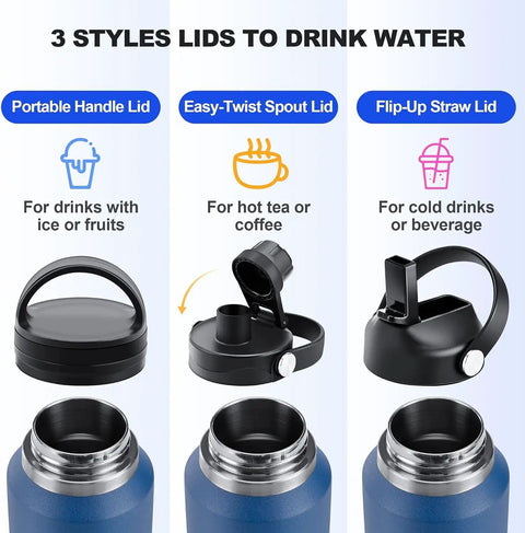 Smooth Operator 40oz Stainless Steel Vacuum Insulated Water Bottle With Straw And Spout Lids showing three lid styles for versatile drinking options.