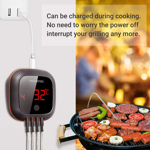 Bluetooth Digital Wireless Meat Thermometer With 4 Probes, Timer And Alarm, displaying temperature beside a grill