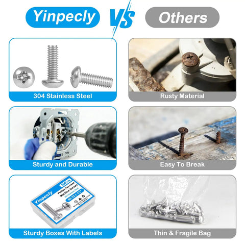 Image comparing Built Tough 304 Stainless Steel Phillips Pan Head Machine Screws with rusted and fragile screws.