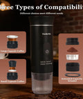 On The Go Portable Espresso Maker With Self Heating Battery Power, showing three coffee compatibility options for versatile use.