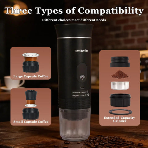 On The Go Portable Espresso Maker With Self Heating Battery Power, showing three coffee compatibility options for versatile use.