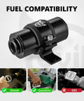 Inline Fuel Filter 10 Micron With 6AN 8AN 10AN Adapters And Bracket Clamp 50mm Universal Fit Aluminum Alloy Can Showing Fuel Compatibility