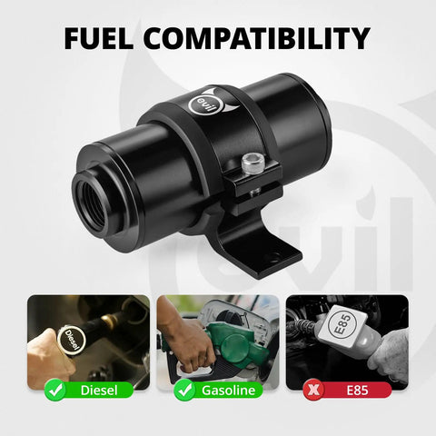 Inline Fuel Filter 10 Micron With 6AN 8AN 10AN Adapters And Bracket Clamp 50mm Universal Fit Aluminum Alloy Can Showing Fuel Compatibility