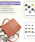 Product features of 100 Sets Leather Snap Fasteners Kit With 10mm Metal Snaps, showing colors, sizes, and leather bag usage.