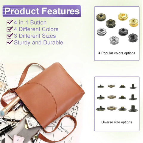 Product features of 100 Sets Leather Snap Fasteners Kit With 10mm Metal Snaps, showing colors, sizes, and leather bag usage.