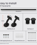 Rock Solid Black Textured Aluminum Handrail For Indoor Outdoor Steps No Sweat Diy Stair Railing Kit with wall mounts and screws.