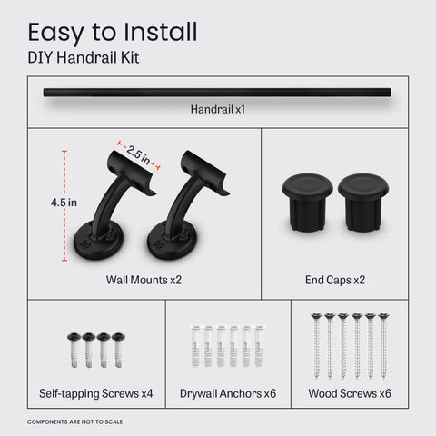 Rock Solid Black Textured Aluminum Handrail For Indoor Outdoor Steps No Sweat Diy Stair Railing Kit with wall mounts and screws.