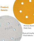 Close-up of 6 Inch Hook and Loop Sanding Discs 320 Grit, 6-Hole showing premium alumina grain and hook and loop backing.