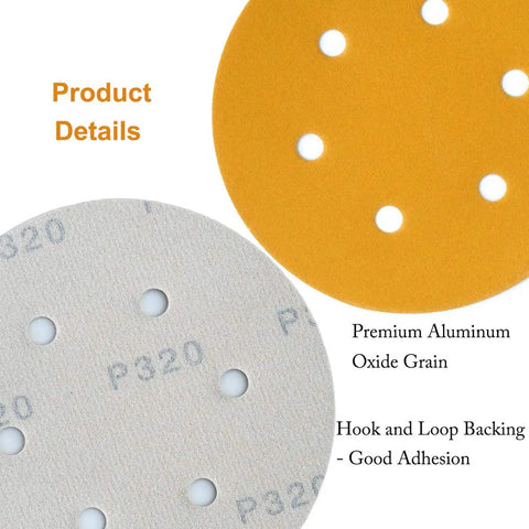 Close-up of 6 Inch Hook and Loop Sanding Discs 320 Grit, 6-Hole showing premium alumina grain and hook and loop backing.