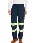 Men Navy Blue High Visibility Industrial Cargo Pants Tough Durable Press Daily Grind Ready Safety Trousers Fluorescent Yellow Trim 34X32