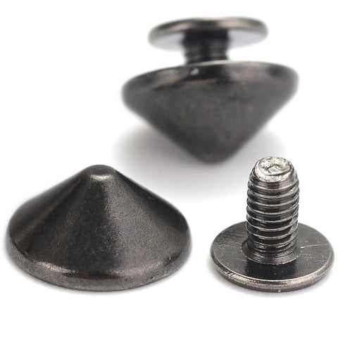 Dope Gun Metal Bullet Spike Studs And Rivets 100 Pack Screw Back Hardware For Streetwear Boots Leather Mods Jackets Bags With Tool Kits 3/16 Inch Height showing detailed screw back spikes with gunmetal finish.