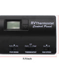 Black wall mounted digital thermostat for home heating and cooling showing controls; 5.51 by 3.75 inches.