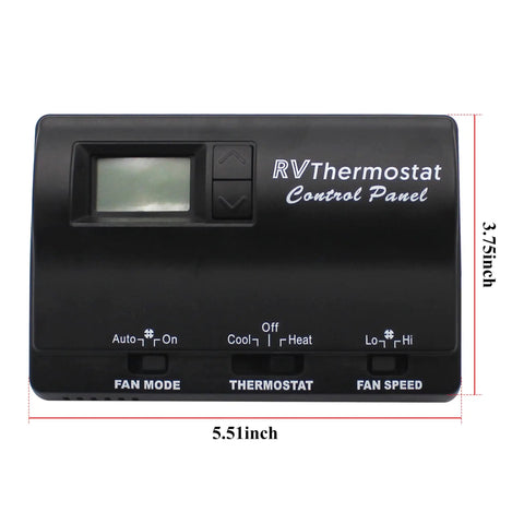 Black wall mounted digital thermostat for home heating and cooling showing controls; 5.51 by 3.75 inches.