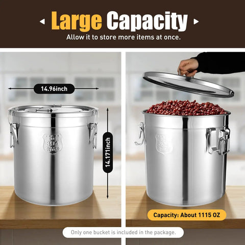 Big Beefy Stainless Steel Airtight Food Storage Bucket With Heavy Duty Locking Clamps Keeps Grains Rice Cereal Coffee Beans And Pantry Staples Fresh As Day with large capacity and red beans inside.