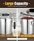 Pro Level Heavy Duty 304 Stainless Steel Airtight Kitchen Canister With Rock Solid Locking Lid And Grippy Handles Mega Pantry Storage Bin, showing dimensions and beans inside.