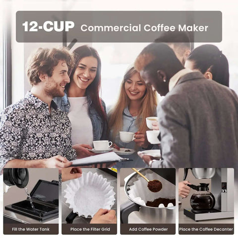 12 Cup Commercial Drip Pour Over Coffee Maker With Two Glass Carafes And Warmers Stainless Steel Brew Station in use