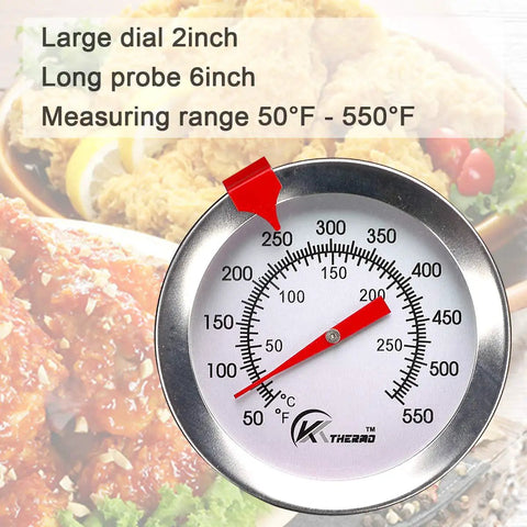 Deep Fry Thermometer With Instant Read Dial, 6 Inch Stainless Steel Stem Meat Thermometer For Oil Fryin, Turkey, BBQ And Grill, Accurate 50 To 550 Degrees Fahrenheit with dial and range details.