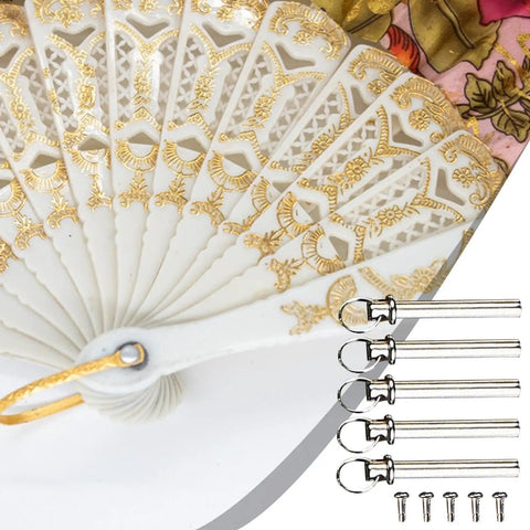 Intricate folding hand fan with 25mm copper shaft fasteners from Hand Fan Repairing Kit; nails and rivets shown.