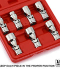 3/8 Inch Drive Universal Joint Socket Set With Swivel Head, Heavy Duty 6 Point SAE Flex Socket Kit In Chrome Vanadium Steel, Mirror Finish, Reaches Tight Spots With 40 Degree Angles And 360 Degree Rotation, Includes 3/8 To 3/4 Inch Sizes. 3/8 drive universal joint sockets in red case