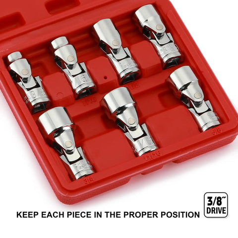 3/8 Inch Drive Universal Joint Socket Set With Swivel Head, Heavy Duty 6 Point SAE Flex Socket Kit In Chrome Vanadium Steel, Mirror Finish, Reaches Tight Spots With 40 Degree Angles And 360 Degree Rotation, Includes 3/8 To 3/4 Inch Sizes. 3/8 drive universal joint sockets in red case