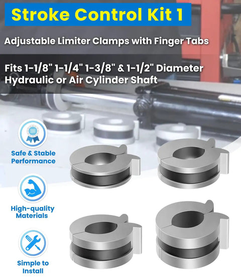 Stroke Control Kit For Hydraulic Cylinders Dialed In With Adjustable Limiter Clamps and Finger Tabs, fits 1-1/8 to 1-1/2 inches