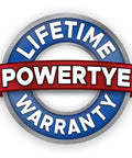 Lifetime warranty badge for Powertye with blue background and red ribbon