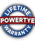 Powertye lifetime warranty badge featuring a blue and red design with bold text.