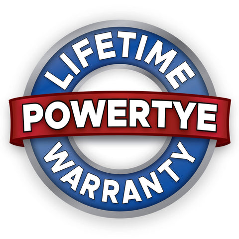 Lifetime warranty badge for PowerTye products, featuring a blue circle and red banner.