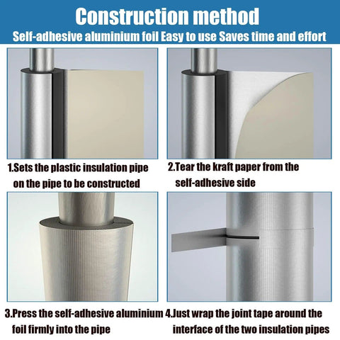 Construction steps for installing Self Seal Rubber Pipe Wrap Insulation With Aluminum Foil Layer on a pipe