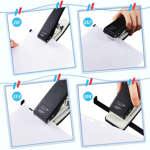 Two Pack Handheld ID Card Slot Punch Kit for PVC Cards, demonstrating easy grip metal hole puncher and oval slotting tool on paper