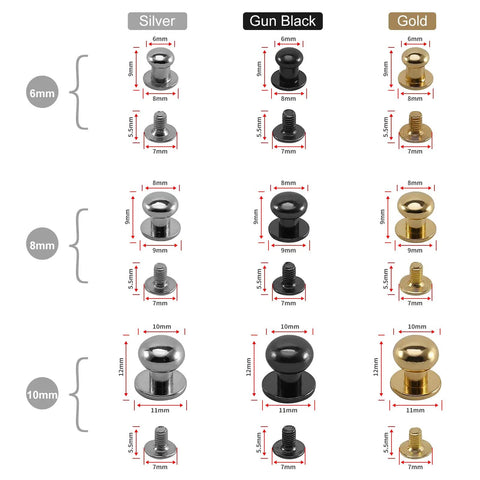 Badass Chicago Screws And Button Head Stud Rivets Sweet Top Tier Fasteners For Leathercraft Diy Crafts featuring 6mm, 8mm, 10mm options in silver, gun black, and gold.