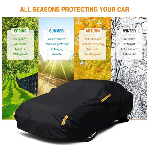 Heavy Duty All Weather Tough As Nails Sedan Car Cover Waterproof Anti UV Windproof Outdoor Full Car Cover in outdoor setting